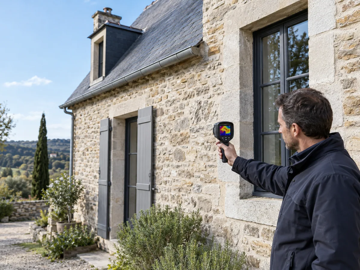 Auditeur examinant les murs, les fenêtres et la toiture d’une maison en pierre