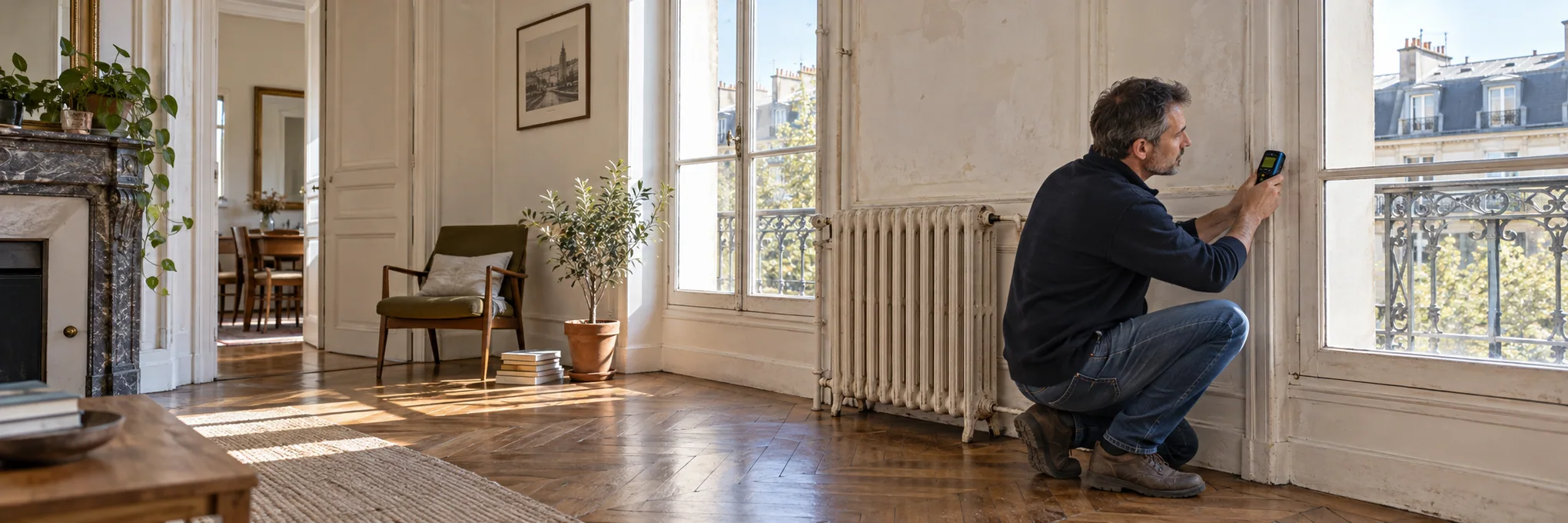 Examen d’une ancienne fenêtre et d’un radiateur avant des travaux énergétiques