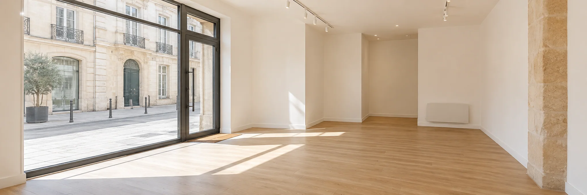 Local commercial vide avec vitrine, éclairage et chauffage visibles