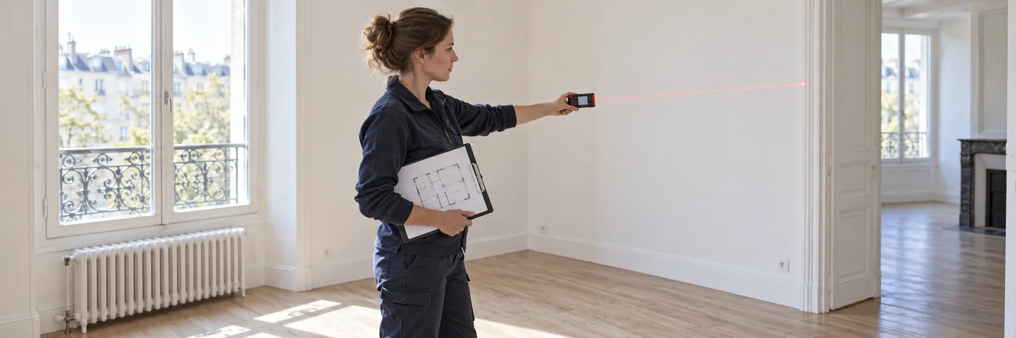 Diagnostiqueuse relevant les dimensions d’une pièce avec un appareil laser