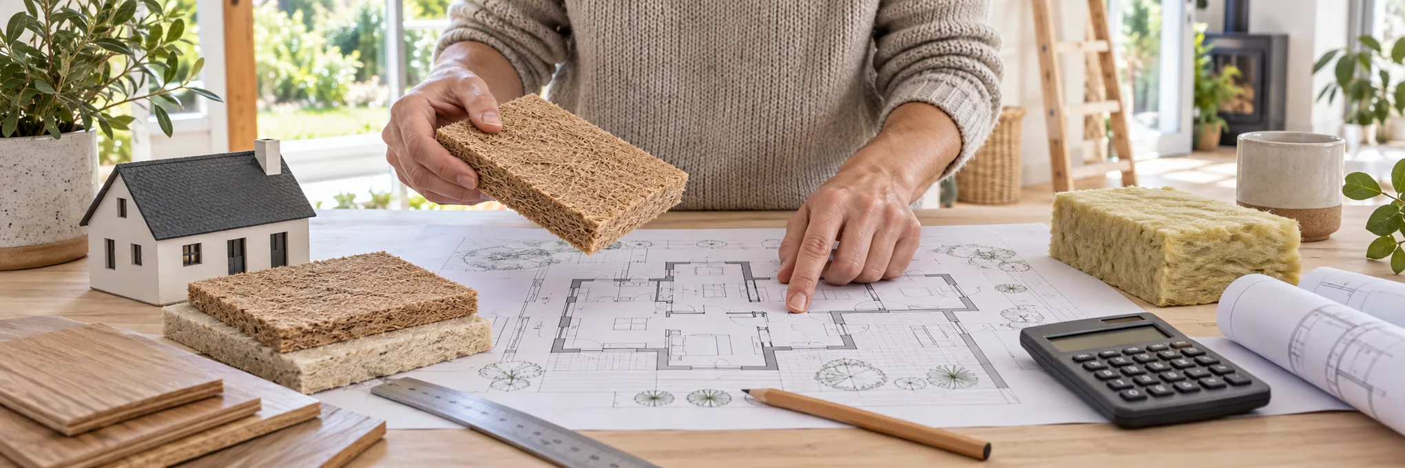 Plans de rénovation, échantillons d’isolant et calculatrice pour préparer un budget