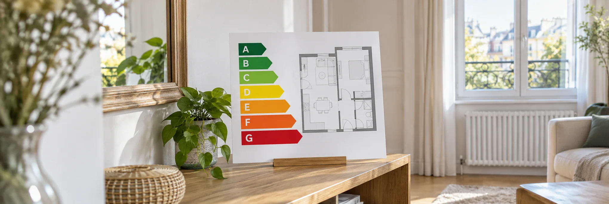 Échelle énergétique de A à G et plan du logement dans un intérieur lumineux