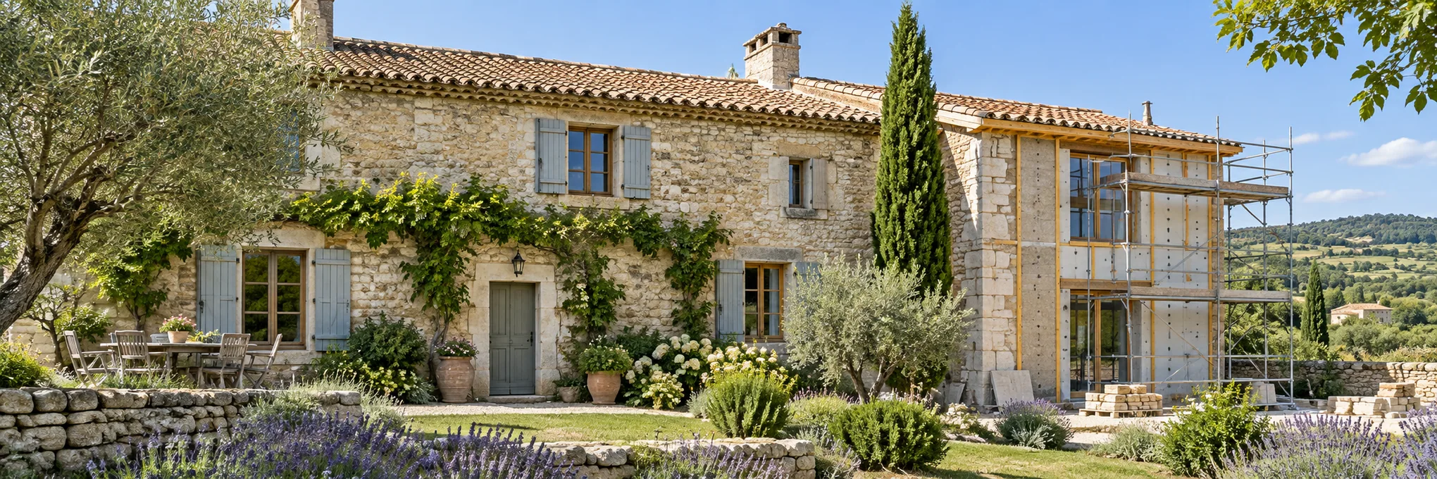 Maison ancienne en pierre avec une partie de la façade en rénovation
