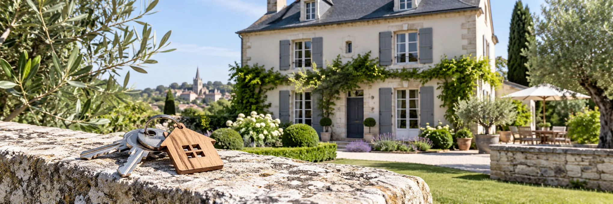Maison française avec jardin et clés au premier plan