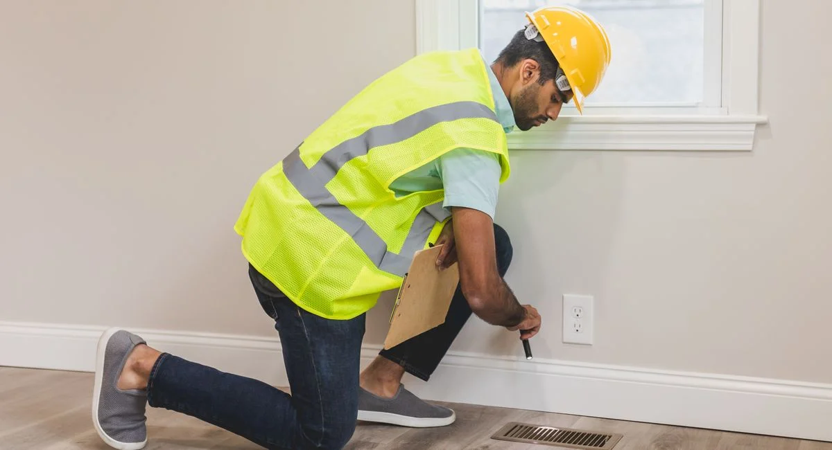 Construction worker conducting a home inspection indoors, using tools near a vent.