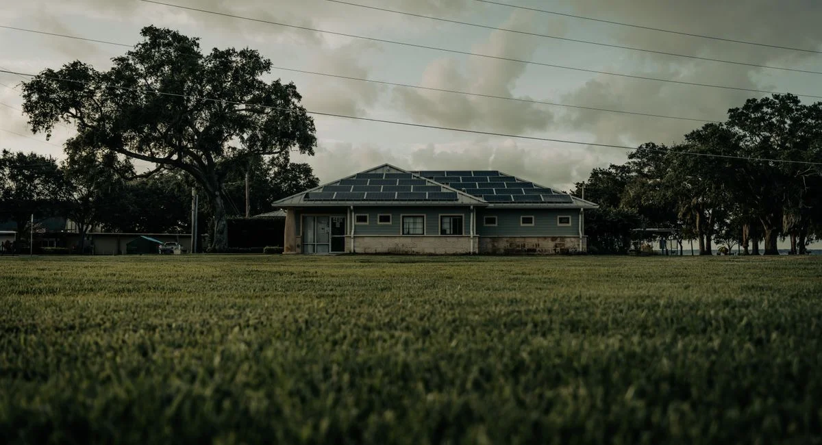 A sustainable home with solar panels in a lush Florida setting, showcasing green energy.