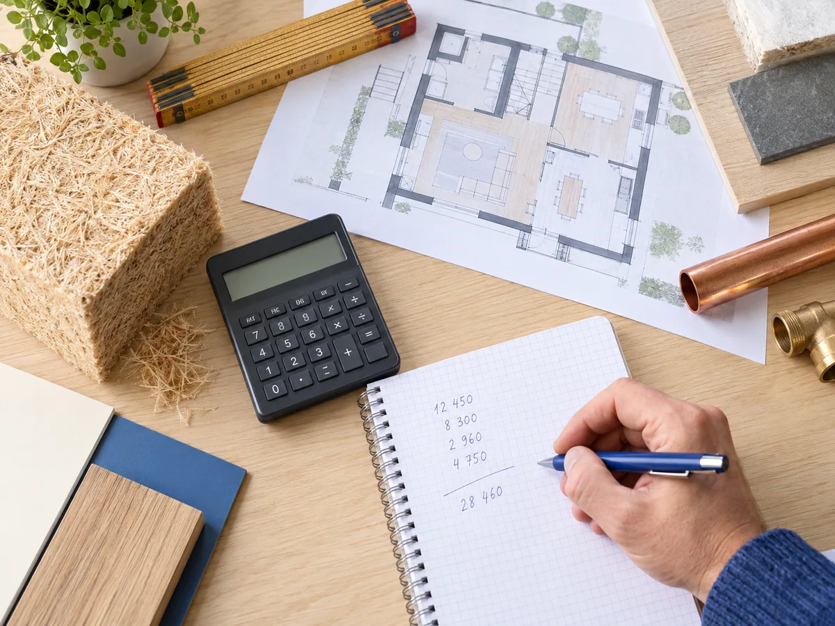 Calcul du budget de rénovation avec plans et échantillons de matériaux