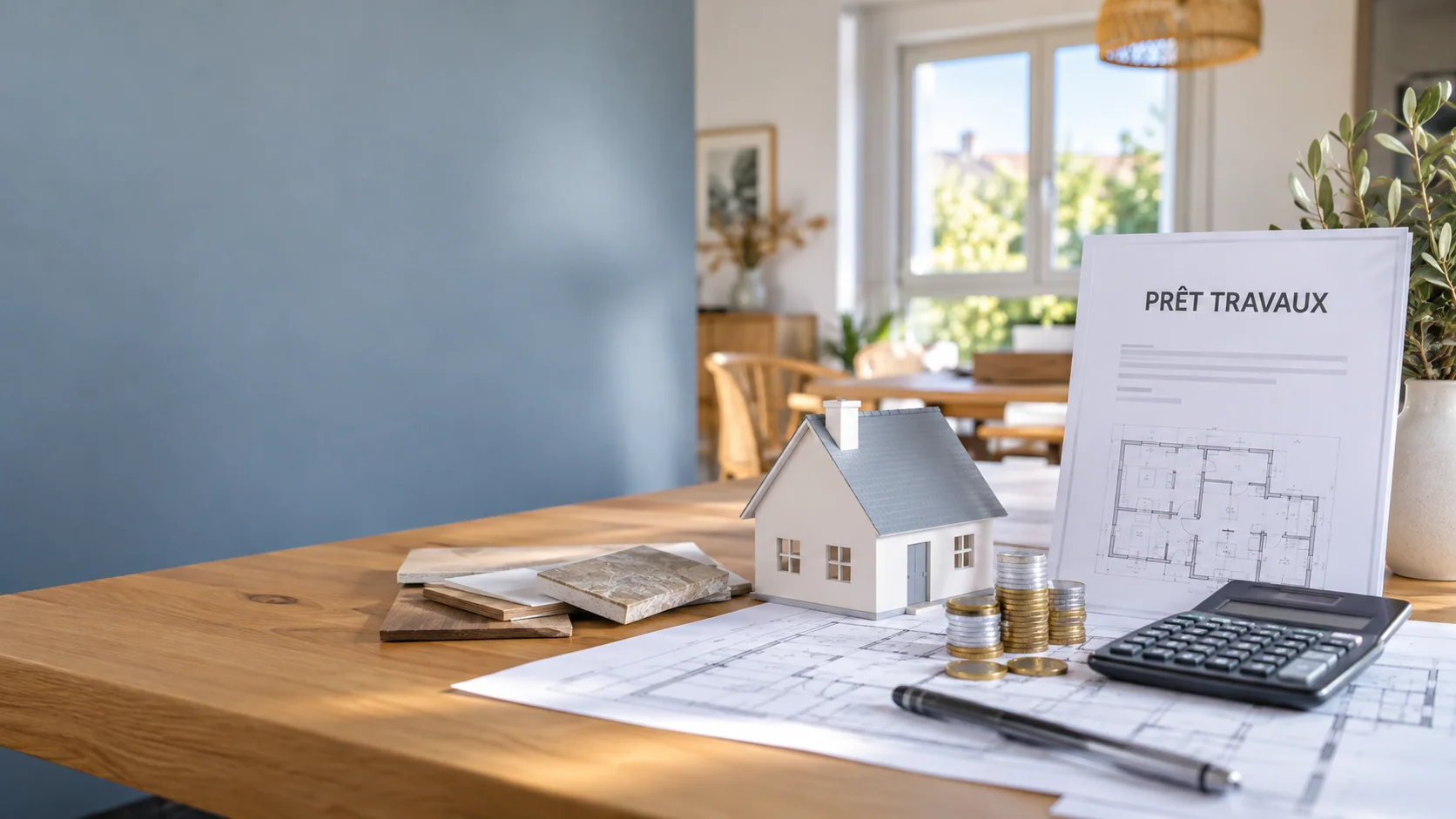 Dossier de prêt travaux avec maquette de maison et calculatrice pour financer une rénovation