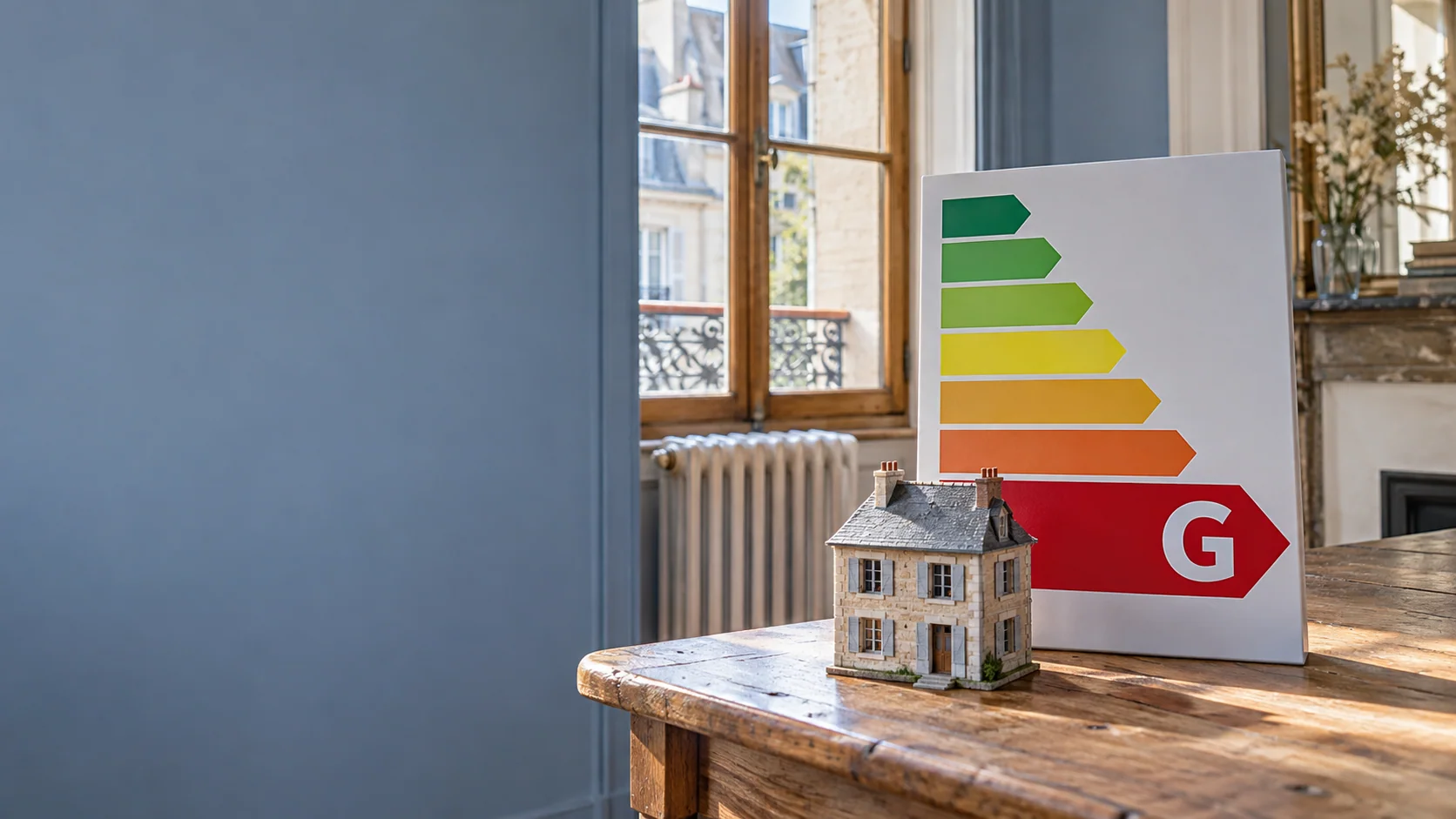 Grande classe énergétique G rouge accompagnée d’une maquette de maison ancienne