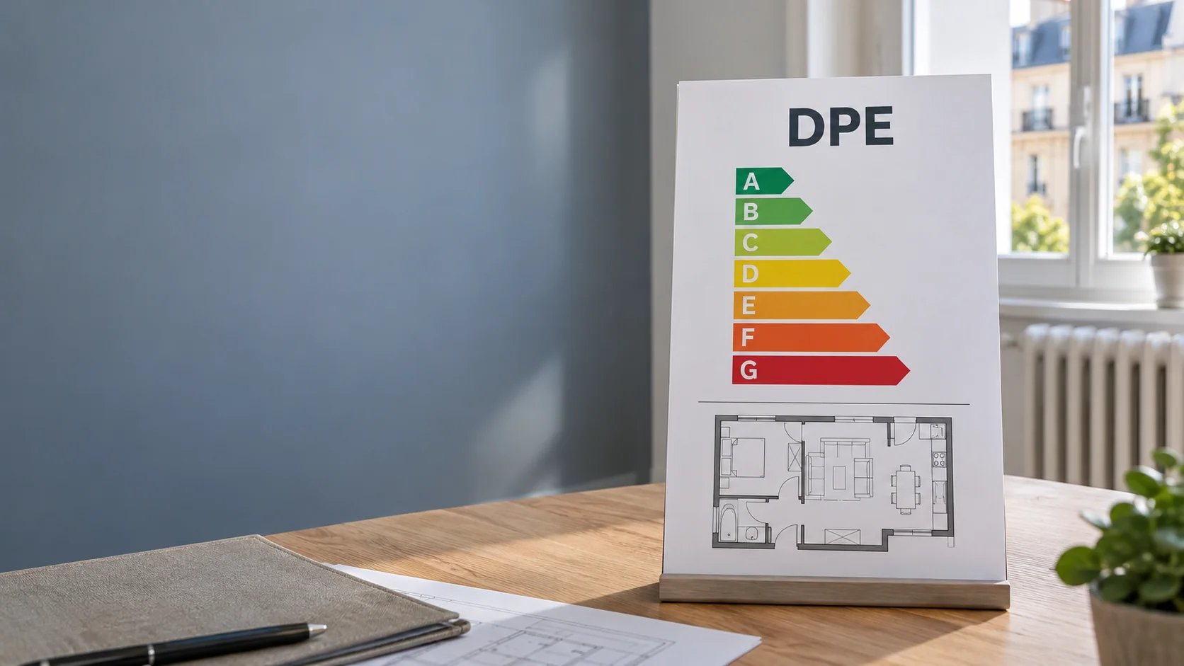 Document DPE illustré avec les classes A à G et le plan d’un logement, sans classe attribuée