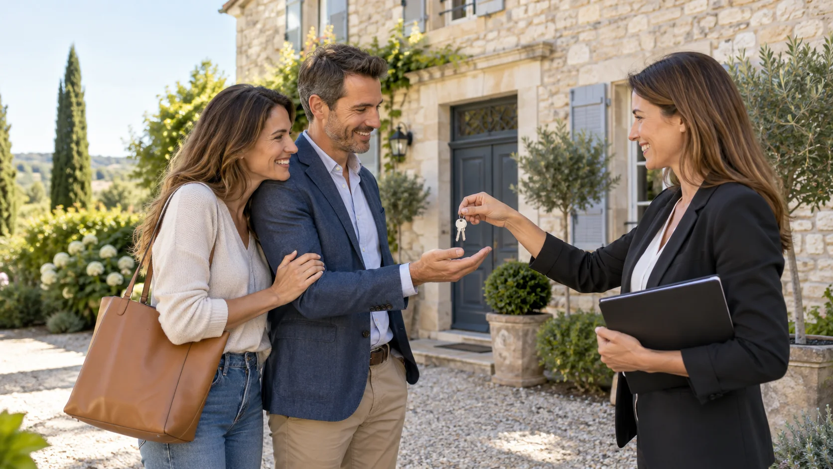 Remise de clés devant une maison lors d’un projet de vente