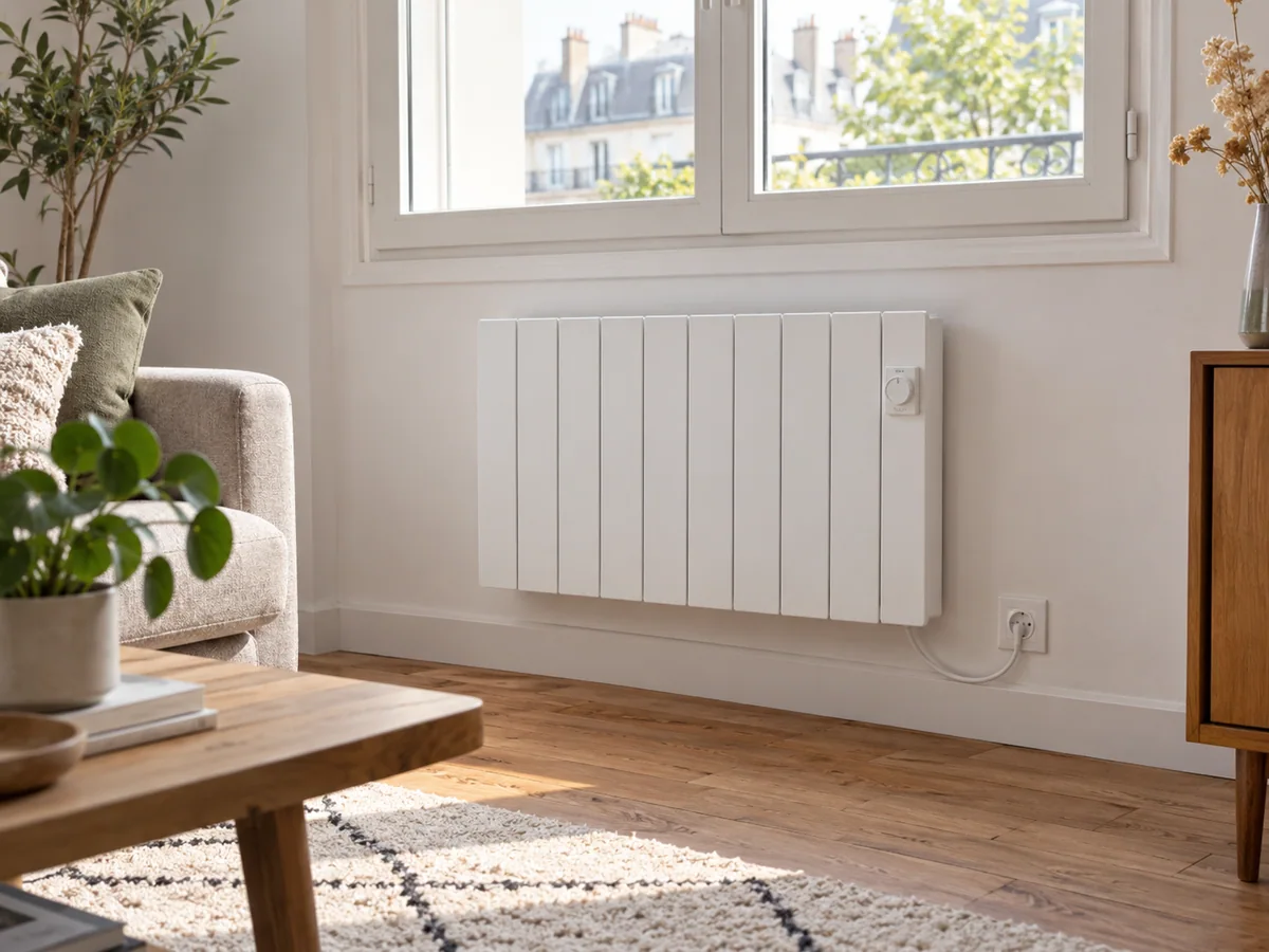 Radiateur électrique blanc installé dans une pièce lumineuse