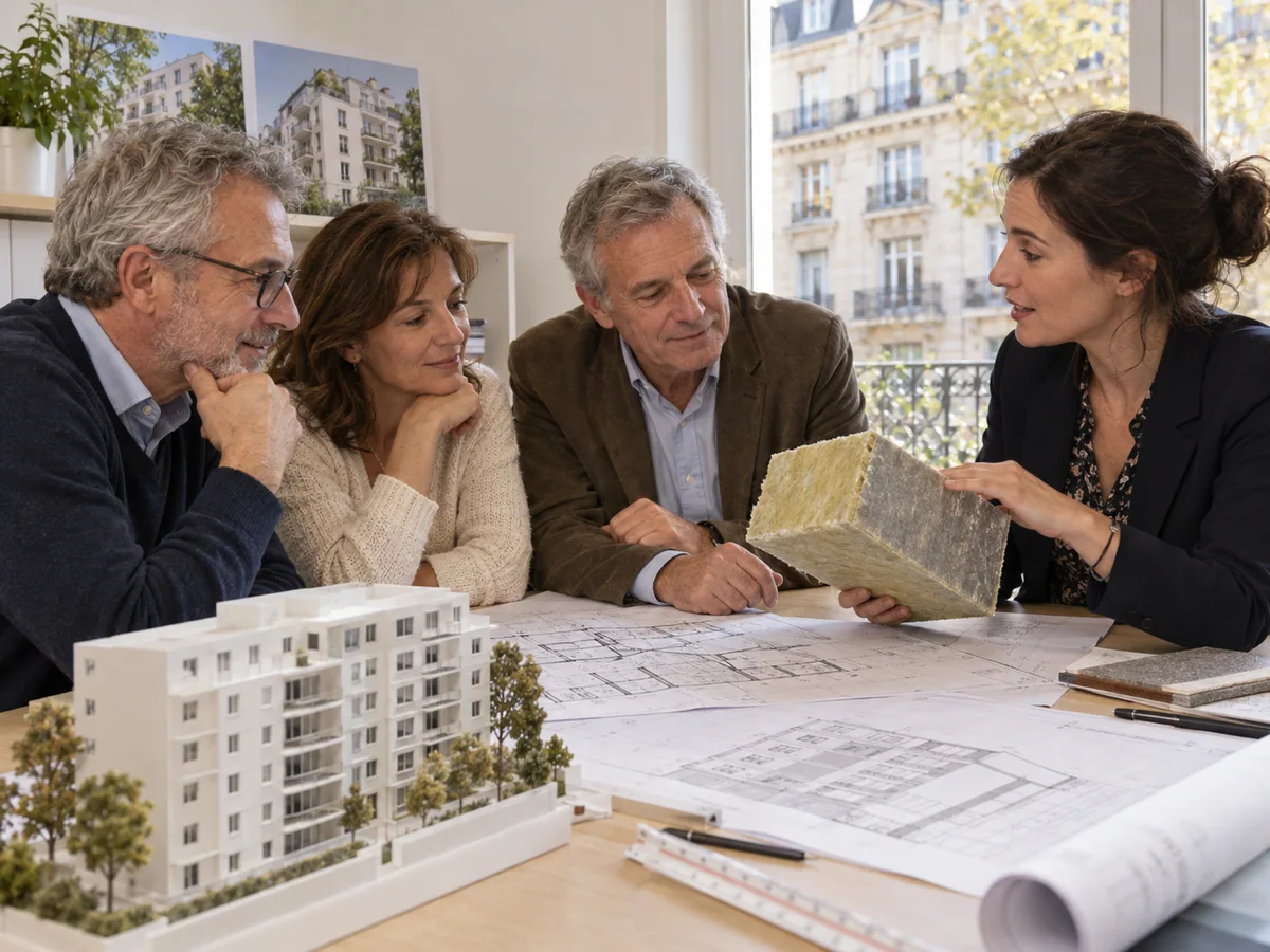Copropriétaires réunis autour de plans de rénovation de leur immeuble