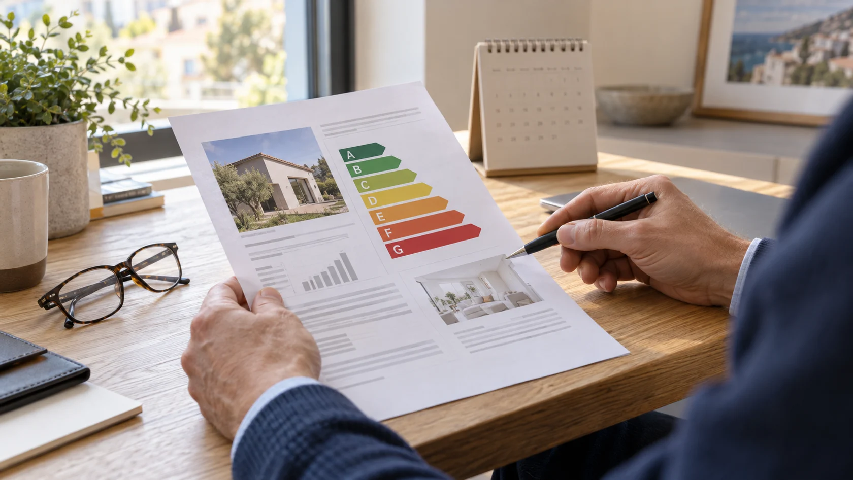 Lecture d’un rapport énergétique avec un calendrier posé à côté